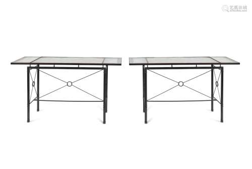 A Pair of Etched Glass-Top Patinated Metal Console Tables