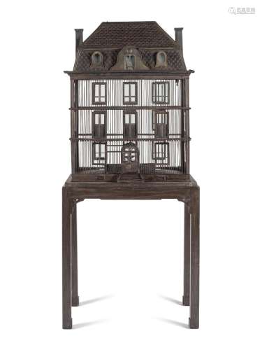 A Large French Grey-Painted Metal Chateau-Form Birdcage