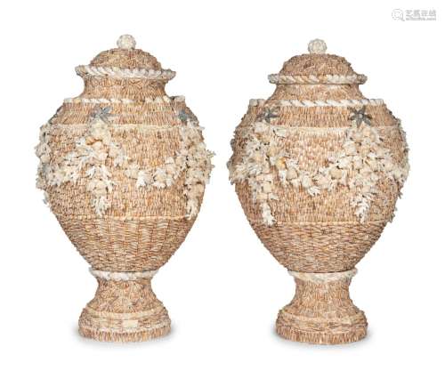 A Pair of Shell-Encrusted Baluster-Form Urns and Covers