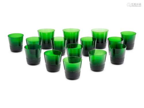 A Set of Fifteen Hermès Attelage Green Glass Tumblers