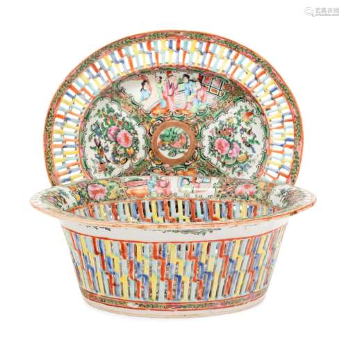 A Chinese Export Rose Medallion Porcelain Basket and Underpl...