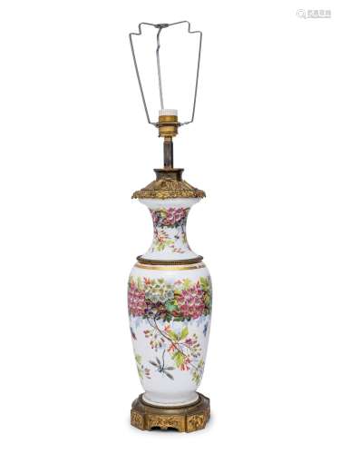 A French Painted Opaline Glass Vase Mounted as a Lamp