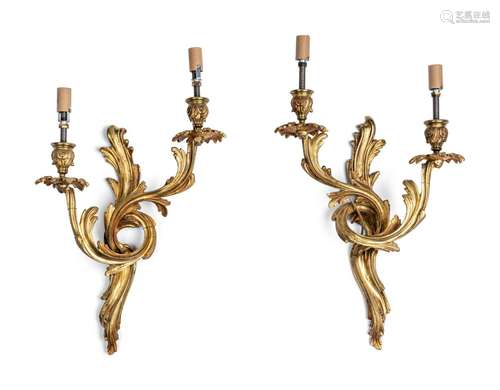 A Pair of Louis XV Style Gilt Bronze Two-Light Sconces