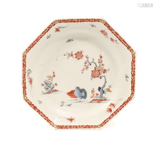 A Bow Porcelain Plate, circa 1755, of octagonal form, painte...