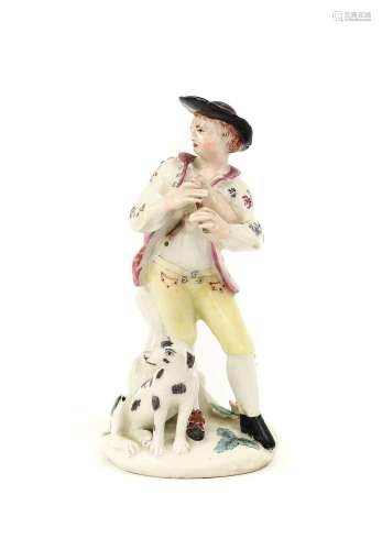A Bow Porcelain Figure of a Shepherd, circa 1758, leaning ag...