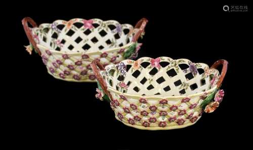 A Pair of Worcester Porcelain Yellow Ground Baskets, circa 1...