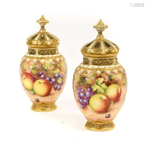 A Pair of Royal Worcester Porcelain Pot Pourri Vases, Covers...