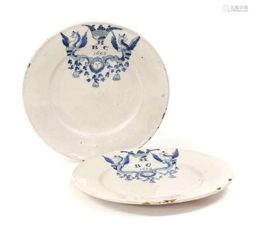A Pair of Delft Marriage Plates, probably Dutch, dated 1693,...