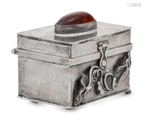 A Polish Silver Trinket Box with Inlaid Amber Cartouche