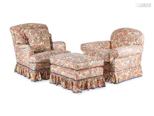 Two Contemporary Chintz-Upholstered Chairs with Ottoman