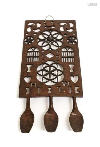 A Welsh Treen Triple Love Spoon, dated 1871, the broad recta...