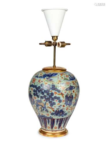An English Decalcomania Porcelain Vase Mounted as a Lamp