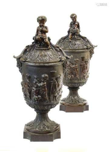 A Pair of French Bronze Urns and Covers, 19th century, the l...