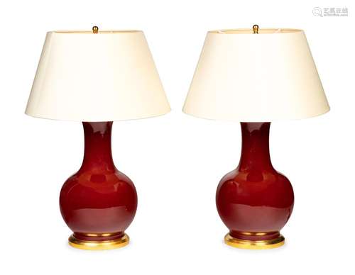 A Pair of Iron Red Glazed Porcelain Lamps