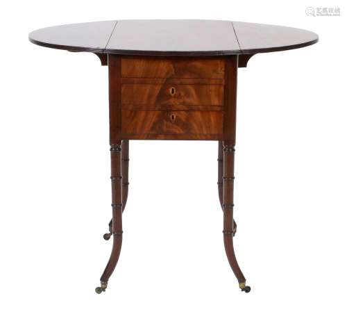 A Regency Mahogany and Ebony-Strung Dropleaf Oval Work Table...