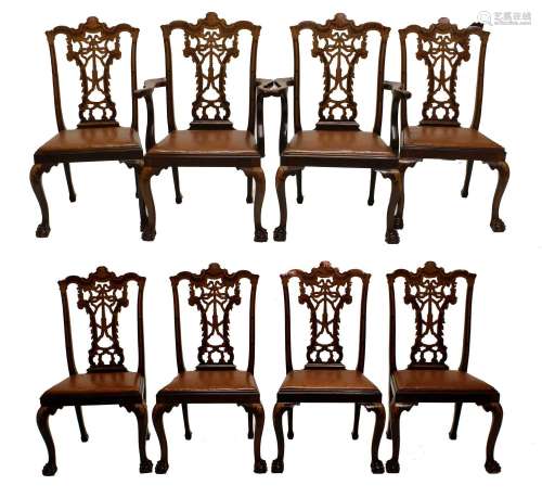 A Set of Eight (6+2) Chippendale-Style Mahogany and Marquetr...