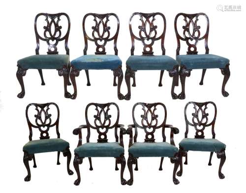 A Set of Eight (6+2) Chippendale-Style Carved Mahogany Dinin...