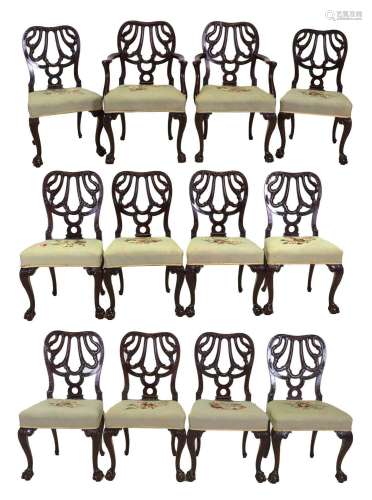 A Set of Twelve (10+2) Chippendale-Style Carved Mahogany Din...