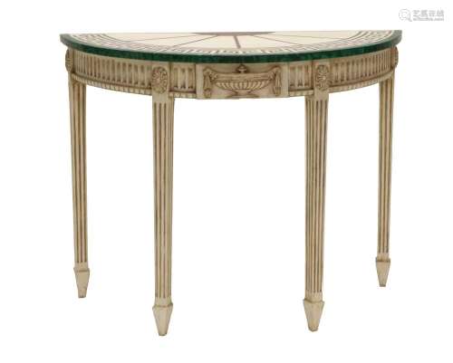 An Adam-Style Green-Painted Marble-Top Demi-Lune Hall Table,...