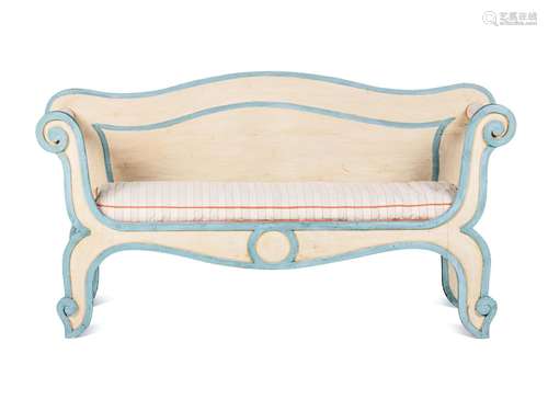 An Italian Cream and Blue-Painted Bench