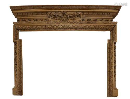 A Carved Pine Chimneypiece, 19th century, with acanthus leaf...