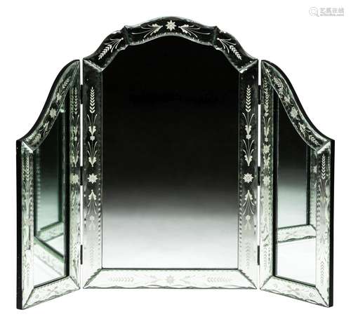 A Venetian Style Etched Glass Trifold Vanity Mirror