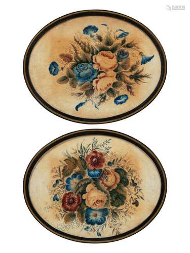 A Pair of Victorian Painted Velvet Floral Still Lifes