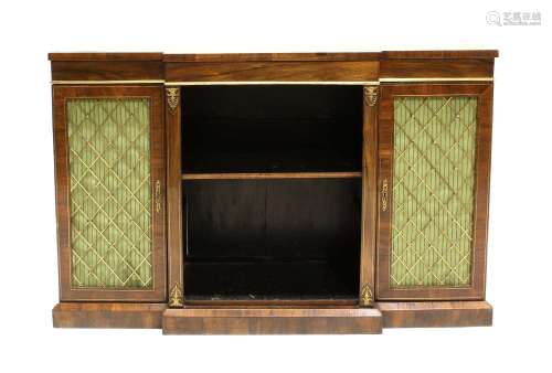 A Regency Rosewood and Brass-Inlaid Breakfront Dwarf Bookcas...