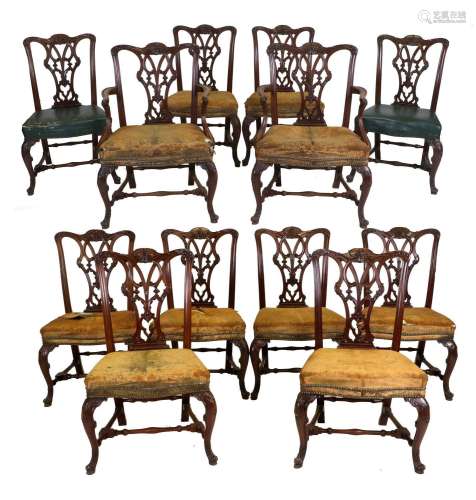 A Set of Twelve (10+2) George III-Style Carved Mahogany Dini...