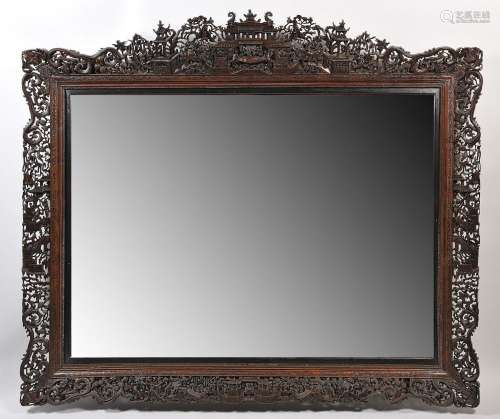 A RICHLY CARVED CHINESE WOODEN FRAME 红木镂雕框大镜子
