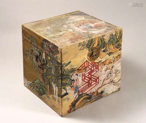 A PAINTED CHINESE CARDBOARD WEDDING CHEST 彩绘老木箱
