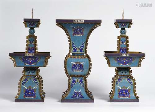 A PAIR OF CHINESE CLOISONNÉ ENAMEL CANDLESTICKS AND GU VASE ...