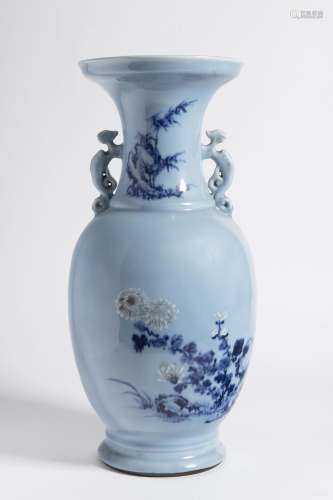 A CHINESE POWDER-BLUE GLAZED FLORAL PORCELAIN VASE 清代天蓝釉...