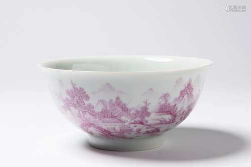 A CHINESE PORCELAIN BOWL WITH ROSE LANDSCAPE MOTIF 胭脂红釉山...