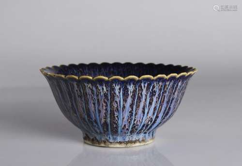 A CARVED CHINESE FLAMBÉ GLAZED POTTERY 'CHRYSANTHEMUM' BOWL ...