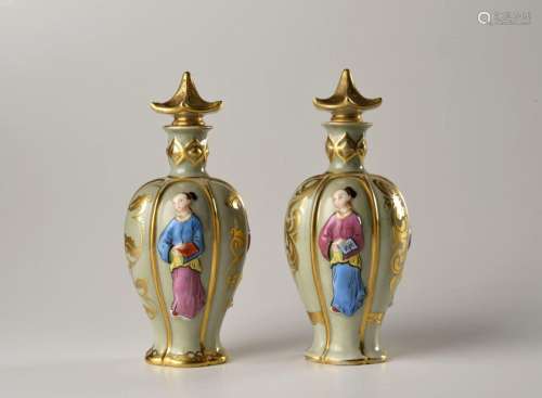 A PAIR OF CHINESE PORCELAIN ROSEWATER FLACONS 一对豆青釉地粉...