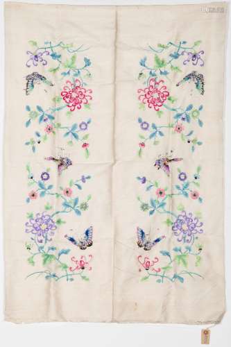 A PAIR OF CHINESE EMBROIDERED PANELS WITH BUTTERFLIES AND FL...