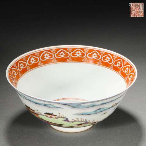 Qing Dynasty Famille Rose Landscape Large Bowl