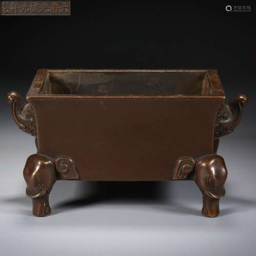 Qing Dynasty Copper Two-Ear and Four-Footed Furnace