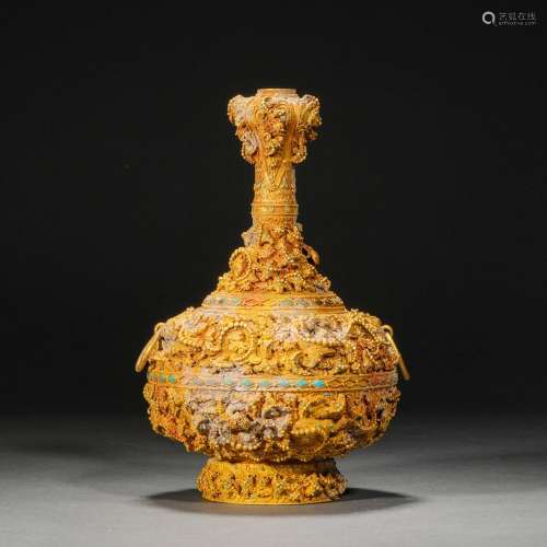 Before the Ming Dynasty,Gilt Fried Beads Beast Pattern Bottl...