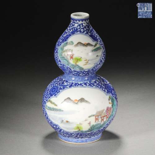 Qing Dynasty,Blue and White Open Window Landscape Gourd Bott...