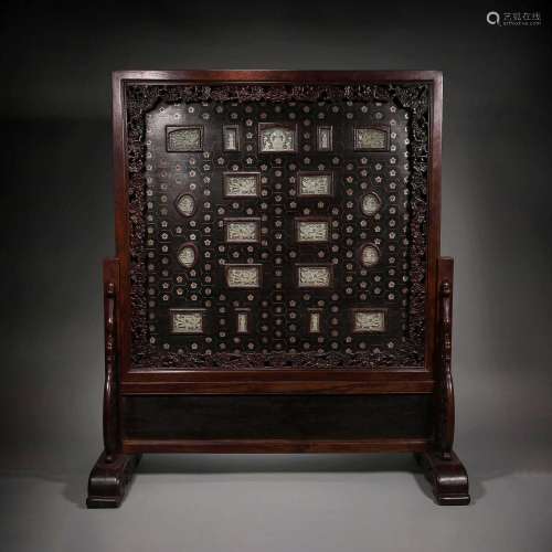 Qing Dynasty,Red Sandalwood Hetian Jade Screen