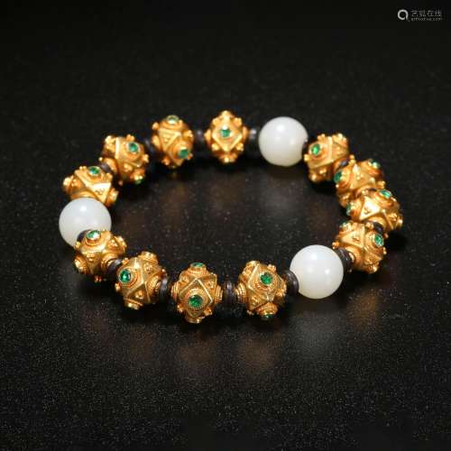 Qing Dynasty,Golden Inlaid Precious Stone Hetian Jade Hand S...
