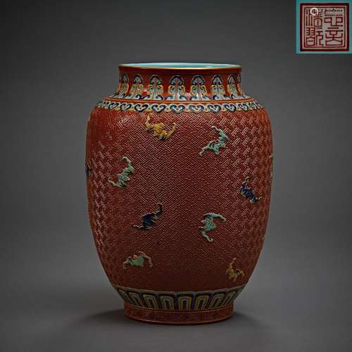 Qing Dynasty,Red Glaze Carved Porcelain Famille Rose Bat Pat...