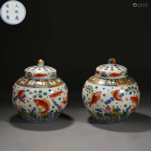 Ming Dynasty,Multicolored Add Red Fish Covered Jar