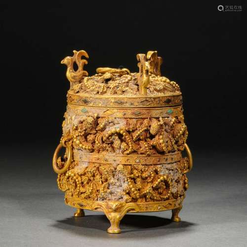 Before the Ming Dynasty Gilt Fried Beads Beast Pattern Vesse...