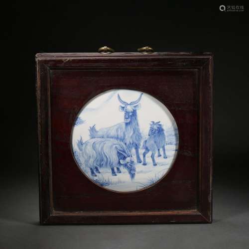 Qing Dynasty,Blue and White Three Rams Bringing Bliss Porcel...