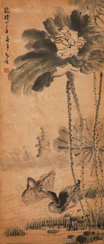 Qing Dynasty,Huang Shen Paper Lotus Flower Vertical Axis
