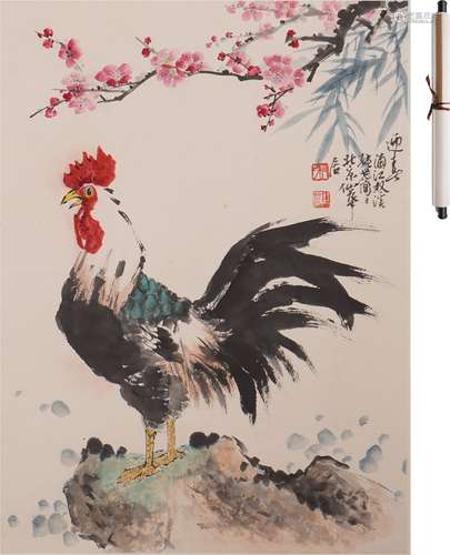 張世簡 雄雞図 設色紙本 軸