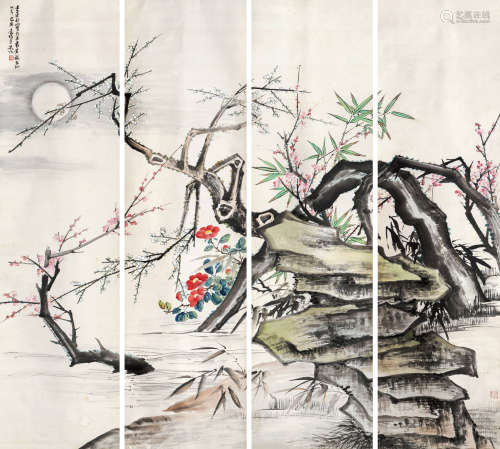 吴待秋（1878-1949）·三清图通景四屏（文物公司旧藏） 纸本设色 立轴